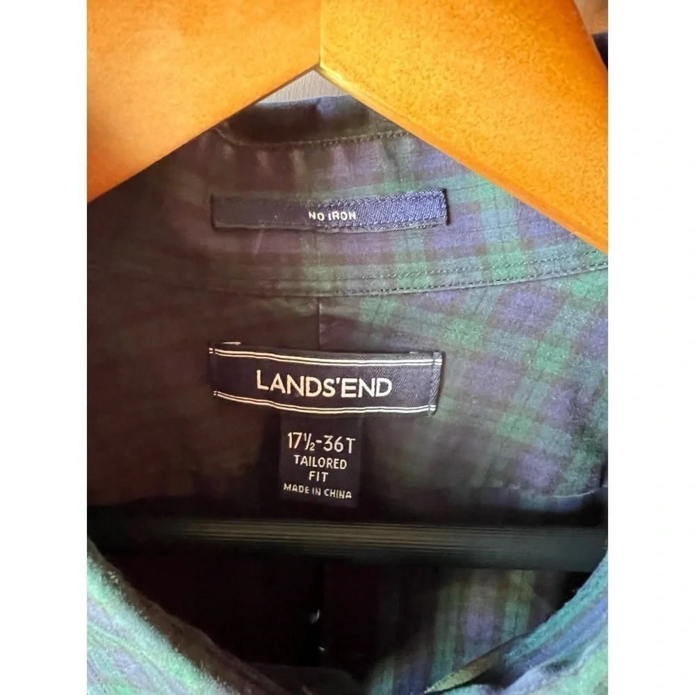 Land's End Mens Black Watch Plaid Tailor Fit Button Down Shirt 17.5/36T EUC #826